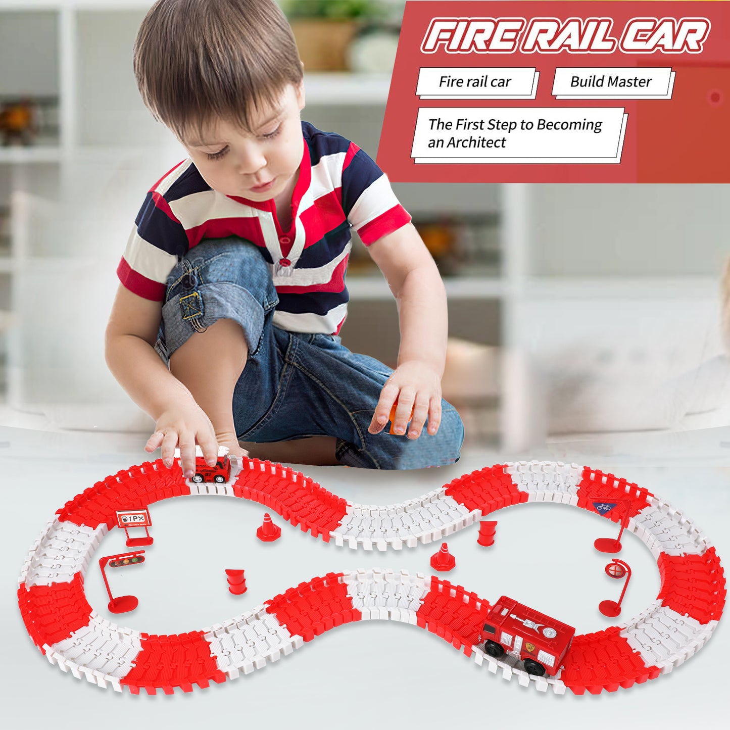 Anpro 152PCS Toy Race Car Track Set for Kids, Flexible Track Playset with 2 Fire Rescue Car for Age 3+ Boys Girls - Firefighting Theme, Red