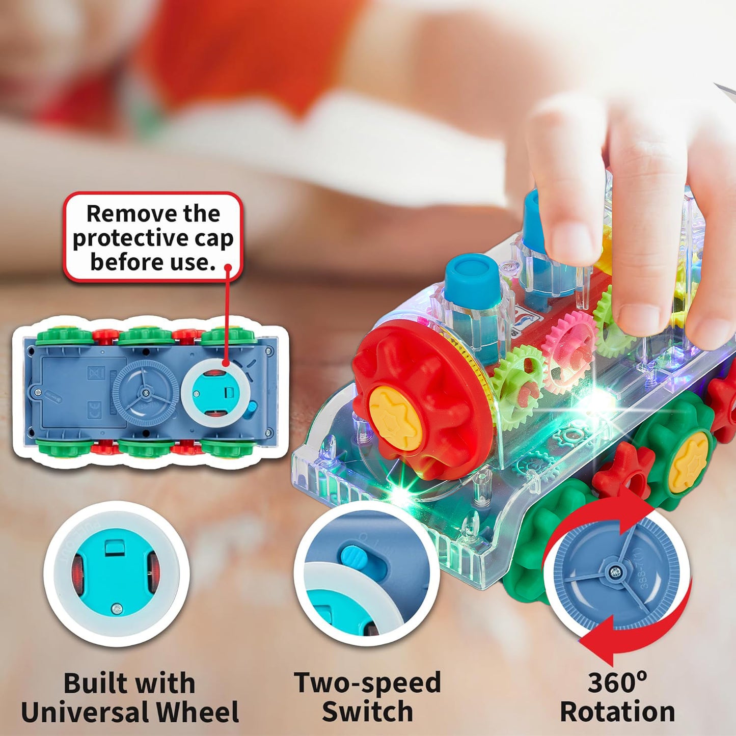 Zacro Transparent Electric Gear Train Toy, 360 Rotating Toy Train with Flashing Lights and Music, Bump and Go Train Toys for Toddler Boys Girls