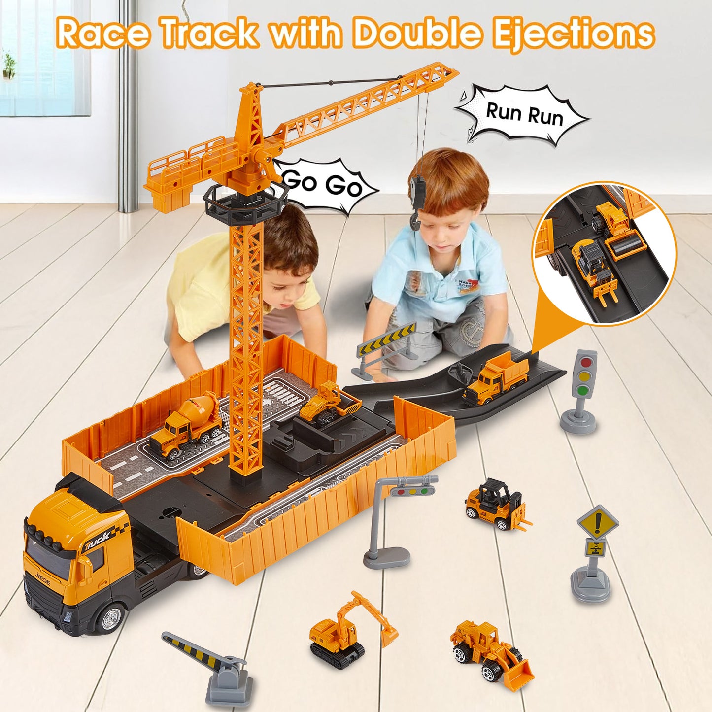 Anpro Construction Vehicles Toy Playset for Boys, Construction Truck with 6 Alloy Cars and Tower Crane, Bounce launch, Truck Car Toys for 3+ Boys Gifts