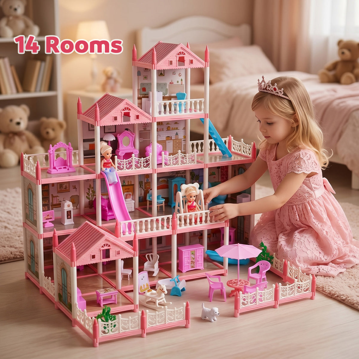 Dollhouse for Kids, 14 Rooms Doll House with Warm Light, DIY Playhouse with Furniture, Light Strip & Slide, Kids Doll House for Girls Ages 3-12, Pink