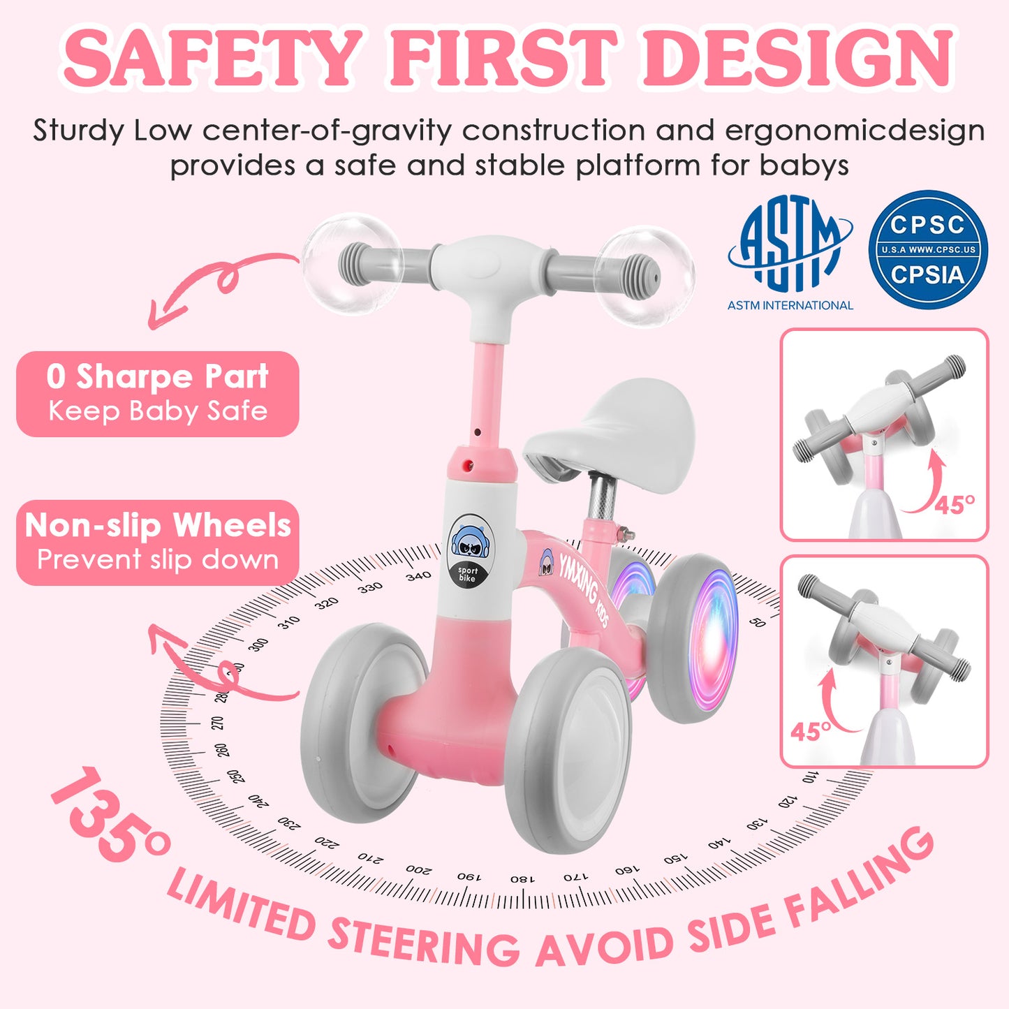 Colorful Lighting Toddler Baby Balance Bike, No Pedal Toddler Bikes with Adjustable Handlebar & Seat, 6.3 Inch Wheel, Suitable for Boys and Girls Ages 1 2 3