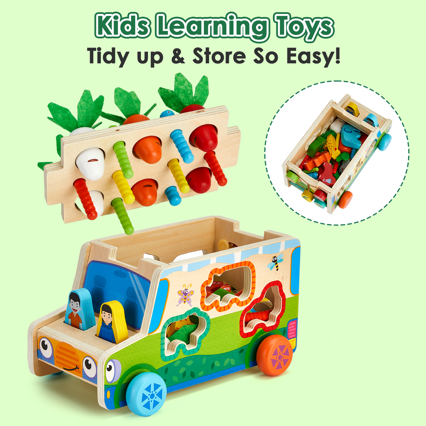 Petbank Montessori Toys, Wooden Montessori Shape Sorting Toys for Toddlers, with Carrot, Worm, Farm Animals Blocks and Traction Rope, Carrot Harvest Game Gift for Kids Ages 1-3