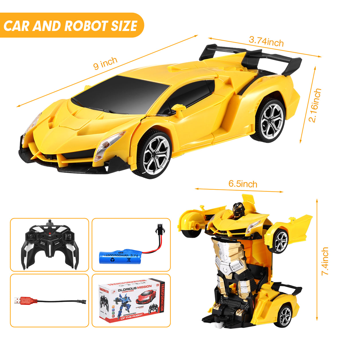 Zacro Transform RC Car Toys, 2.4Ghz 1:18 Scale Remote Control Car Transforming Robot, One-Button Deformation 360 Rotation Drifting Car Transform Toys Gift, Yellow