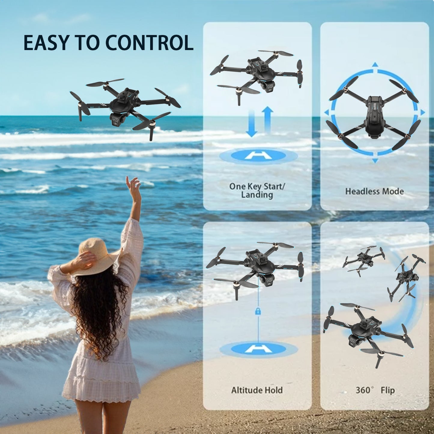 XT606 Drone with 6K UHD Camera, Lictin RC Foldable Drones for Kids Adults Beginners, RC Quadcopter Drone with Brushless Motor, Headless Mode, Optical Flow Position, 2 Batteries, Black