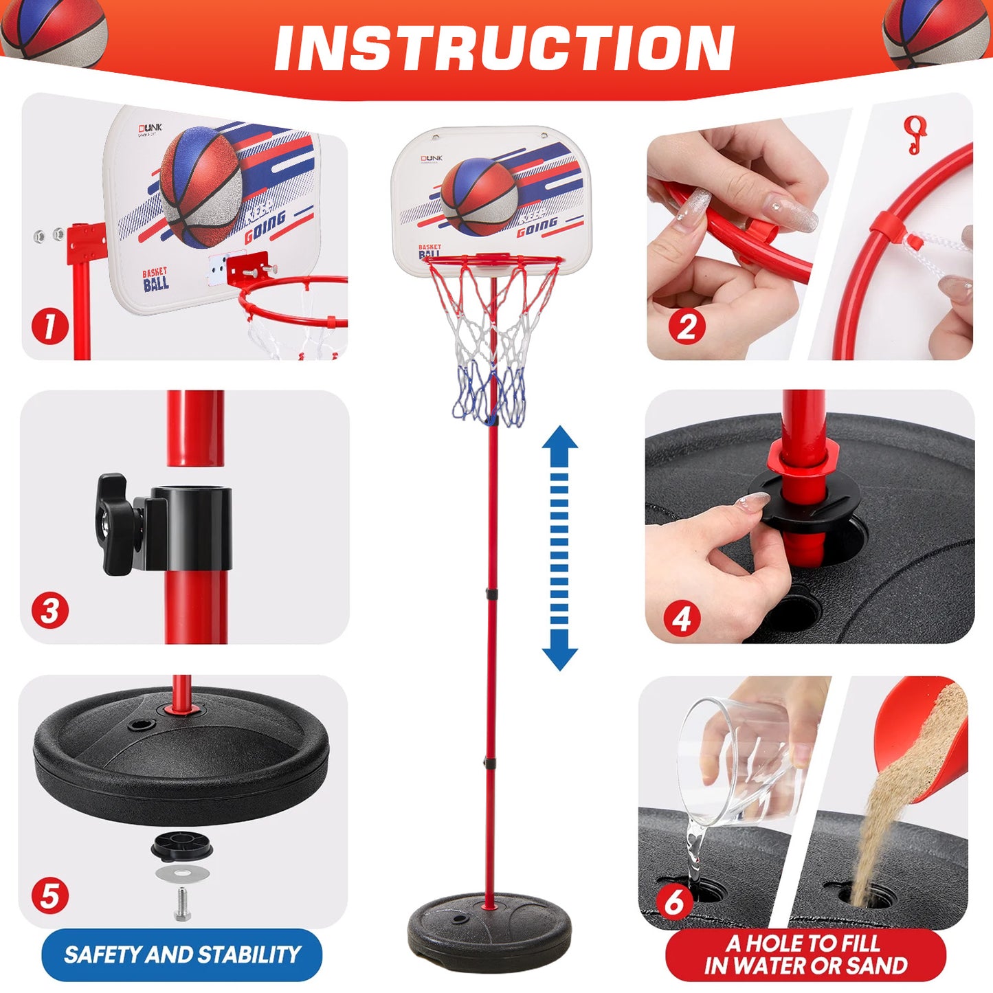 Anpro Kids Basketball Hoop with Stand, Adjustable Height 1.9FT-4.9FT, Toddler Basketball Hoop, Indoor Outdoor Mini Portable Basketball Goal Toys for Boys Girls Gift