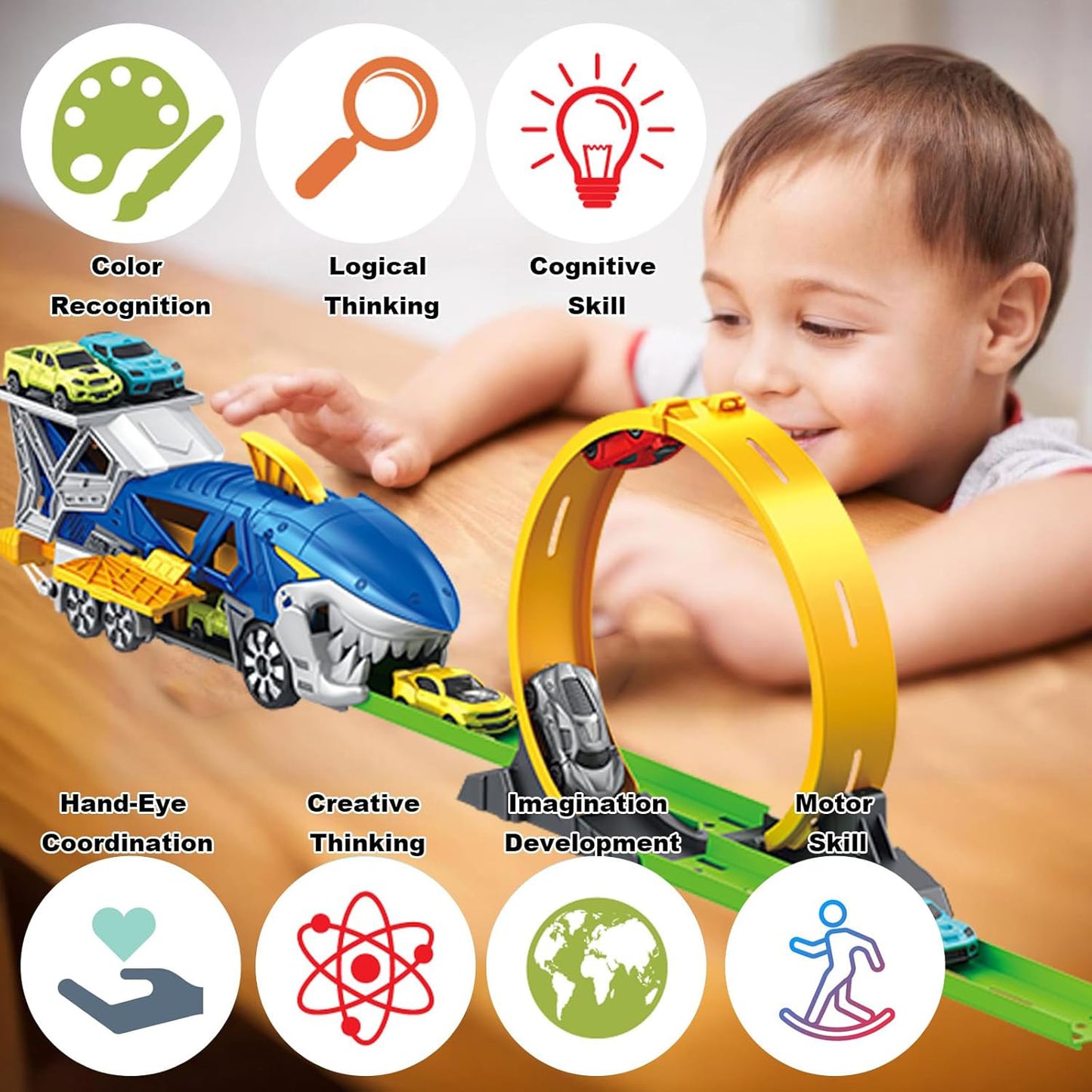 Lictin Shark Race Car Track Set for Kids, Race Track Toys with Carrier Truck, Loop Track & Launcher, 6 pcs High Speed Race Cars, Shark Parking Lot Toys for Boys Aged 3 4 5 6 7 Years Old