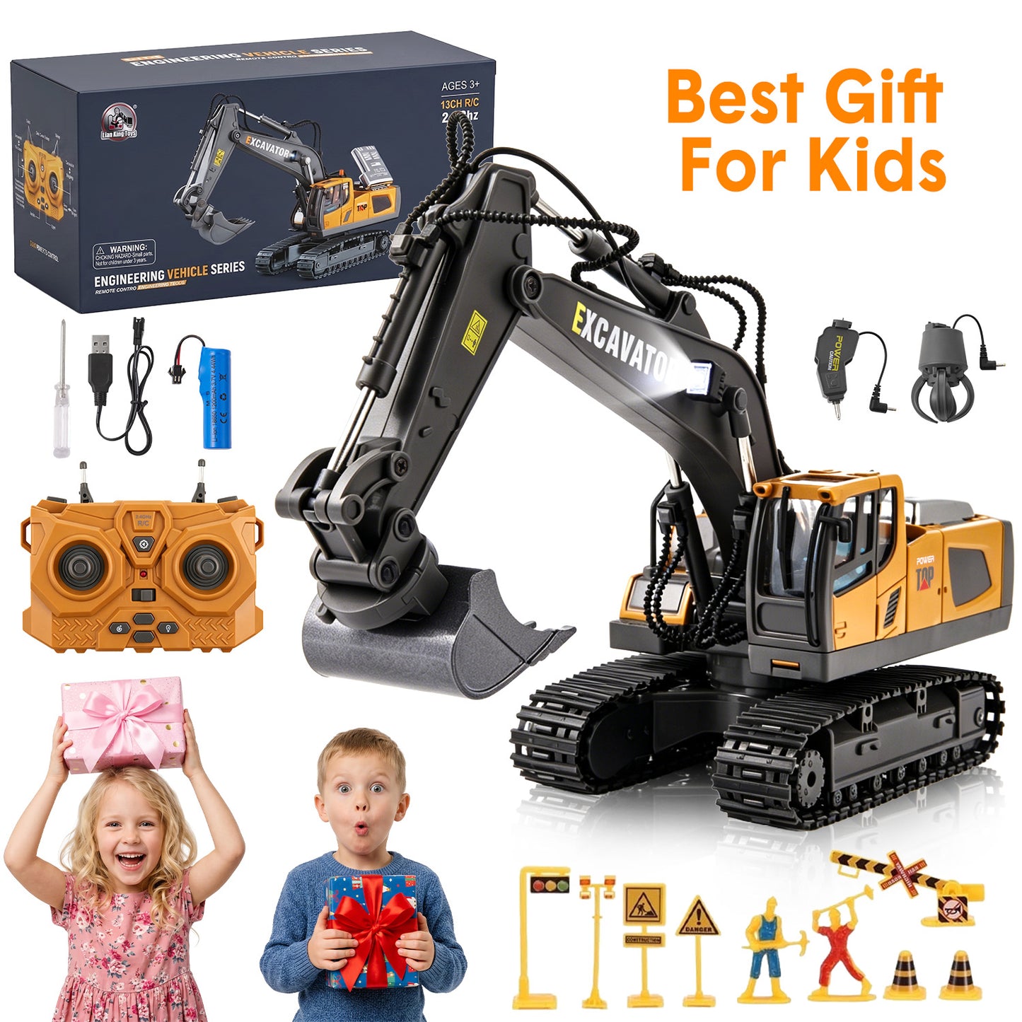 Remote Control Excavator Toys for Boys, 2.4GHz 14 Channel Construction Vehicles Toys with Shovel, Claw & Drill, Engineering Vehicle with Lights & Sounds Gift for Kids