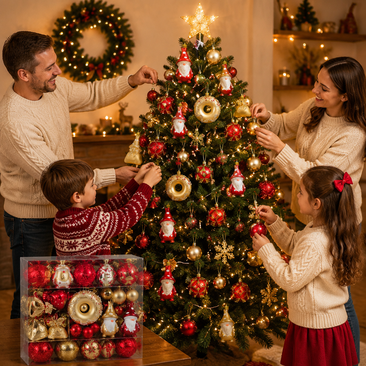 Zacro 60PCS Christmas Ornaments Set Red Gold, Shatterproof Christmas Tree Decorations Balls with Santa Snowflake Hanging Decorations, Xmas Holiday Decor for Tree Home Party