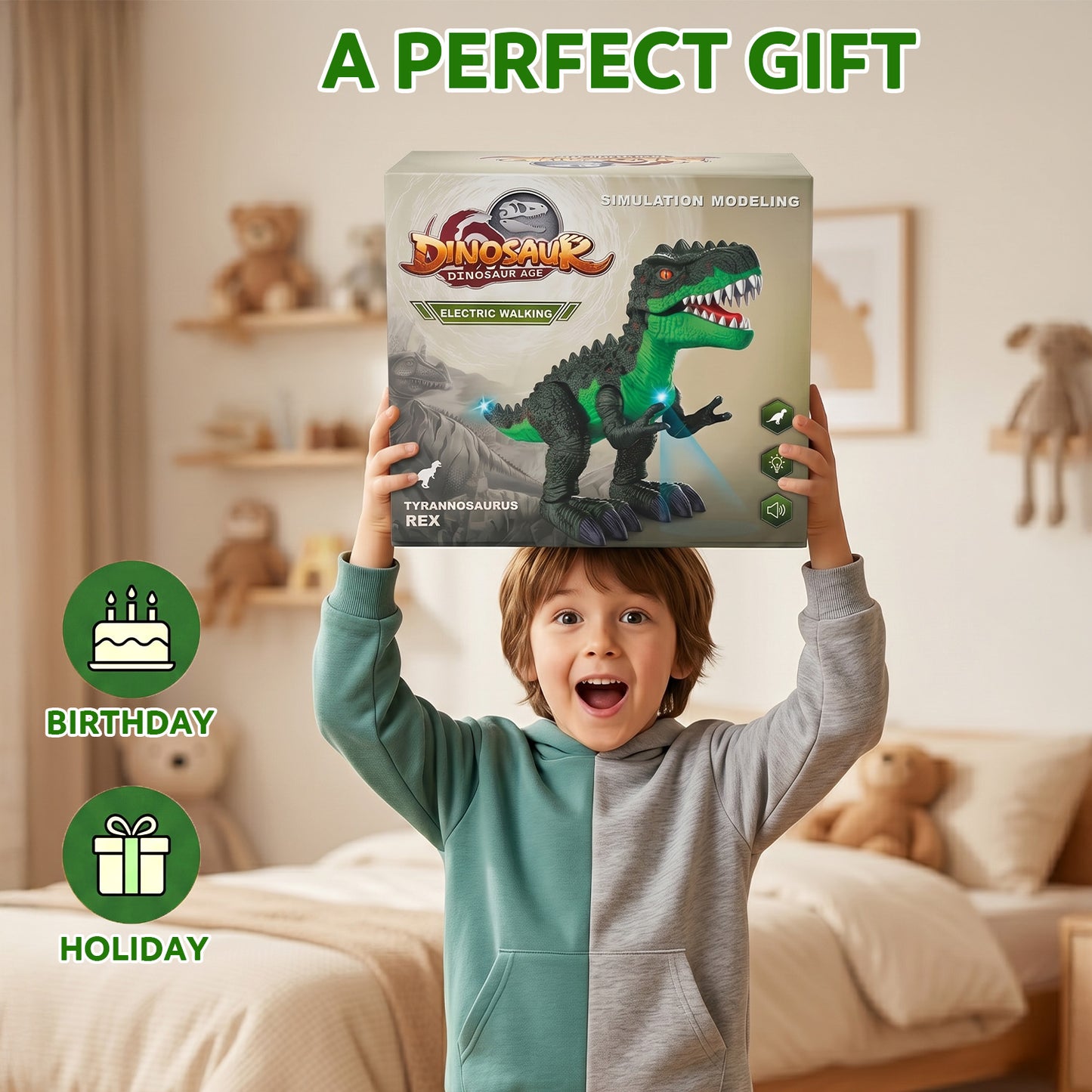 Zacro Walking Dinosaur Toy for Kids, Electronic Light-up Dinosaur with Light and Roaring Sound, T-Rex Toy Gift for Boys & Girls 3 4 5 6 7 Years, Green