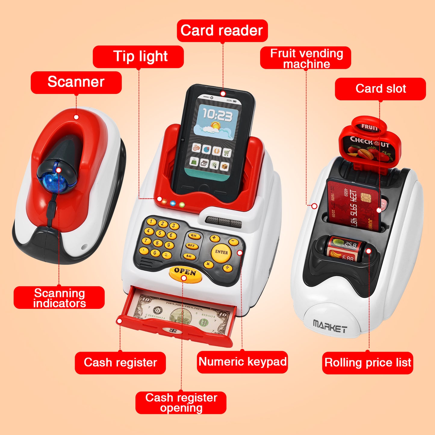 Toy Cash Register for Kids, Pretend Play Cash Register with Scanner, Credit Reader, Grocery Store Checkout Game Toys for Toddler Boys & Girls Age 3 4 5 6 Years Old