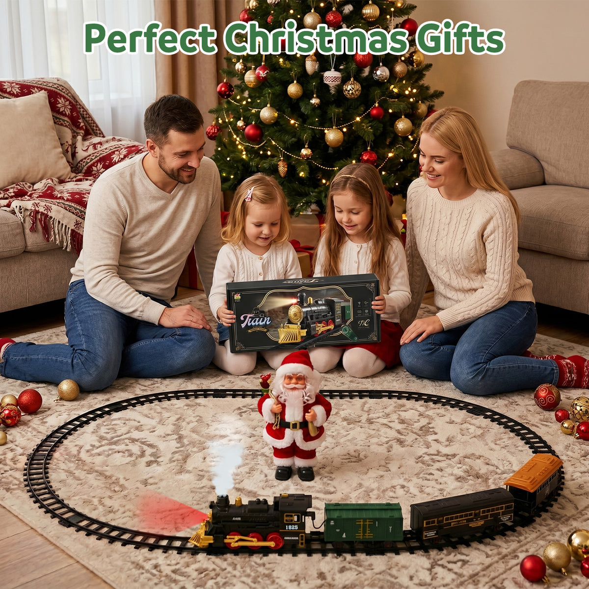 Electric Train Set, Remote Control Train Toy with Smoke, Light & Sound, Toy Train Set for Under Christmas Tree for Boys Girls