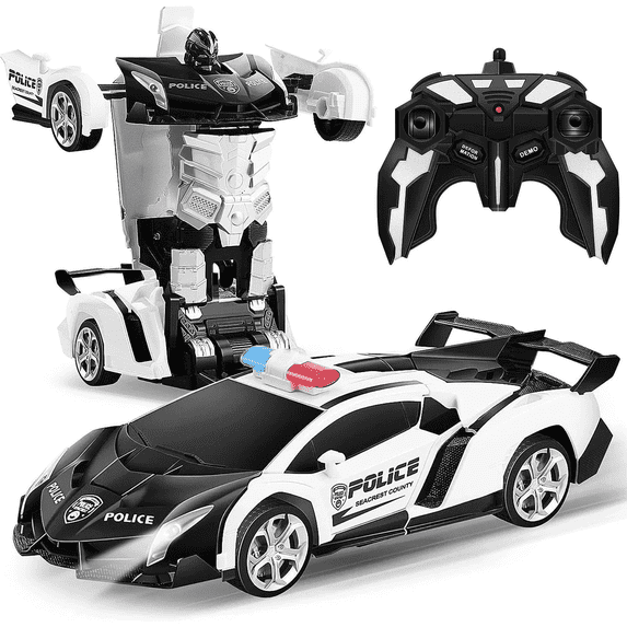 Petbank RC Transform Car Toy, 2.4Ghz Remote Control Transform Car Robot Toy, 1:18 Scale One-Button Deformation Race Car Toys for Boys Girls Ages 4-12, White