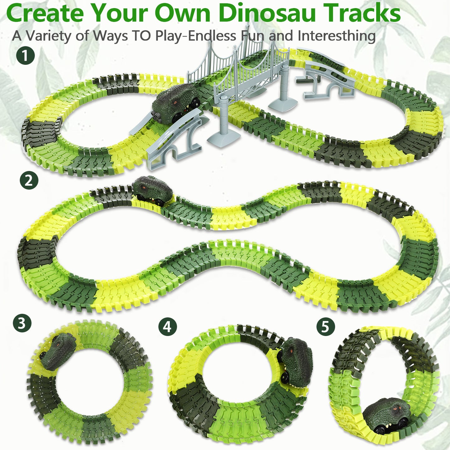 Anpro 193PCS Dinosaur Toys Race Car Track Set with Dino Car, Dinosaur World Flexible Track Playset with Map for Toddlers Boys Girls Age 3+