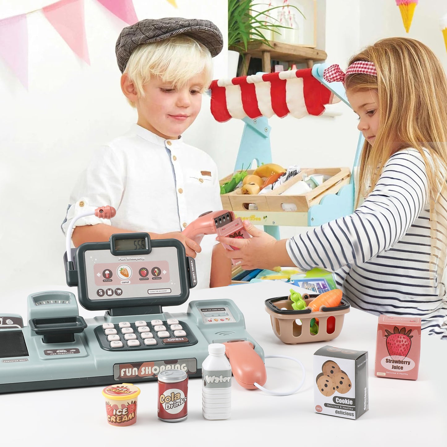 Cash Register for Kids, Anpro Pretend Store Toy Play Set with Sound Scanner, Role Play Shopping Cashier Playset with Sound Food Shopping Basket for Boys Girls 3+ Years, Blue