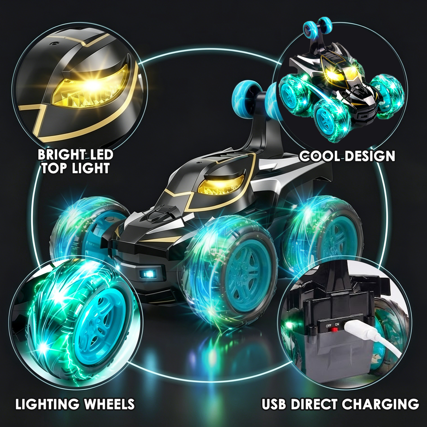 Zacro Remote Control Car for Boys, 360° Rotating RC Stunt Car with Cool LED Lights, 4WD 2.4GHz Rechargeable RC Car Toys Gifts for Kids Boy Age 3 4 5 6 7 8