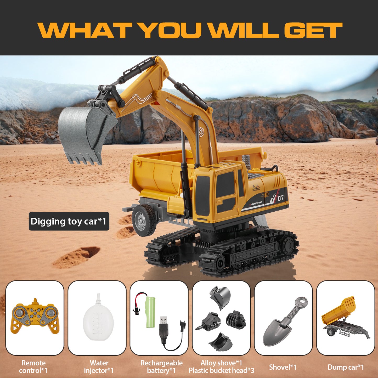 Petbank 4 in 1 Remote Control Excavator, Rechargeable RC Excavactor with Dump car, 11 Channel Excavator Construction Toy with Metal Shovel, Spray, Lights, Sounds, Gift for Boys and Girls, Yellow