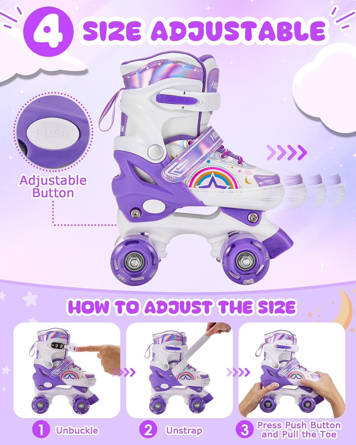 Roller Skates for Kids, 4 Size Adjustable Girls Roller Skates with 8 Light UP Wheels for Outdoor/Indoor, Gifts for Toddler Kids, Purple(M, 12C-2Y)