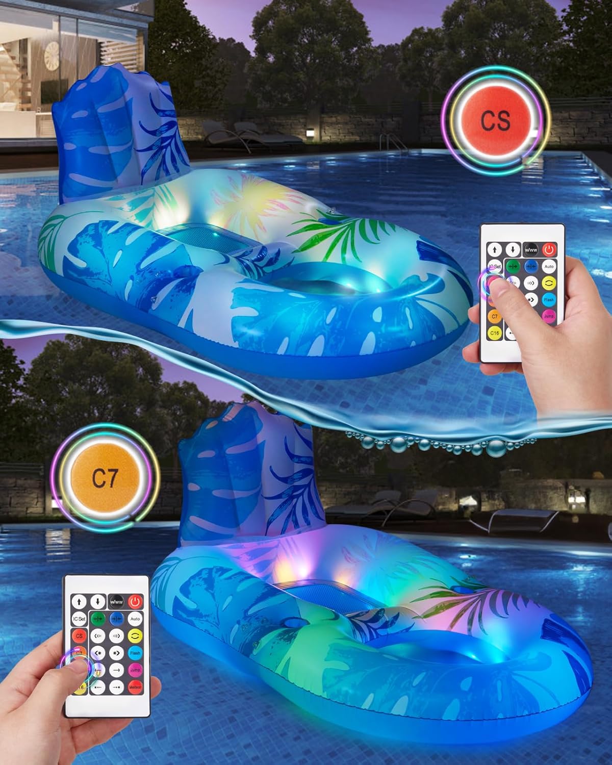 Pool Lounger Float with Canopy UPF50+, Inflatable Pool Lounge, LED Light Up Pools Floatie, Large Tanning Floaties, Water Floats for Adults Kids Swim Toys with Cup Holder & Backrest, Footrest