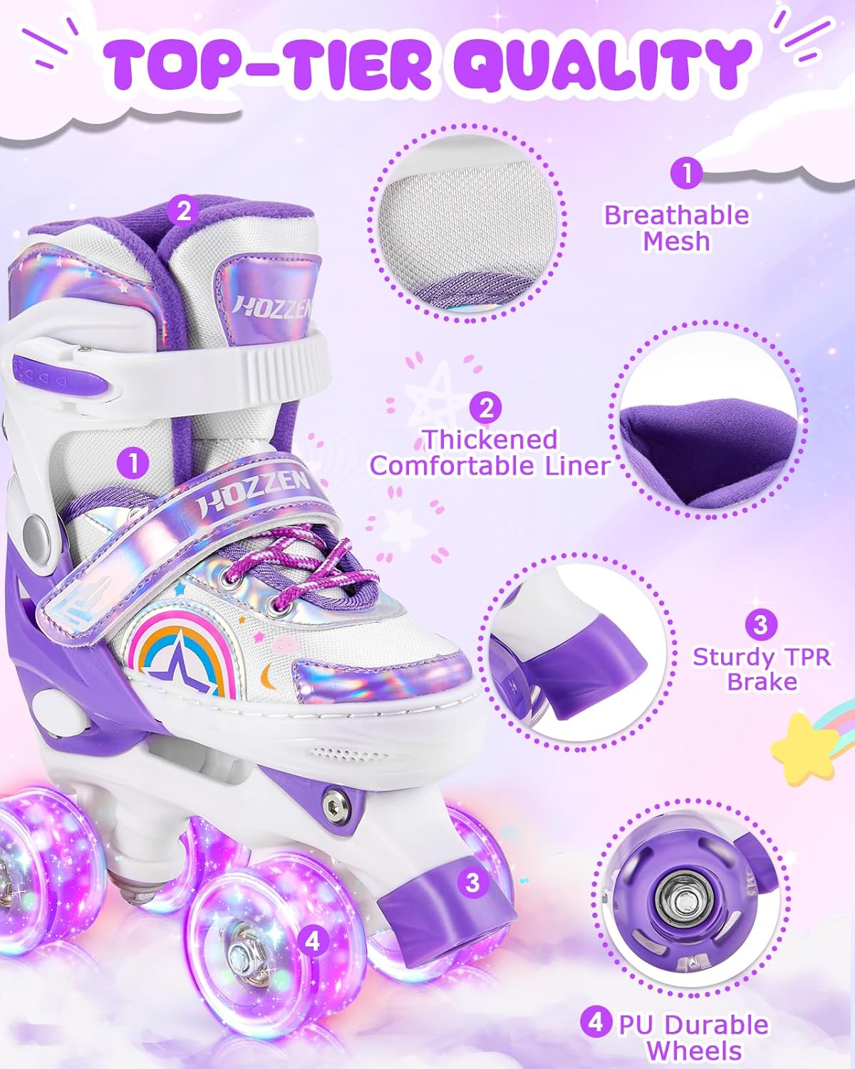 Roller Skates for Kids, 4 Size Adjustable Girls Roller Skates with 8 Light UP Wheels for Outdoor/Indoor, Gifts for Toddler Kids, Purple(M, 12C-2Y)