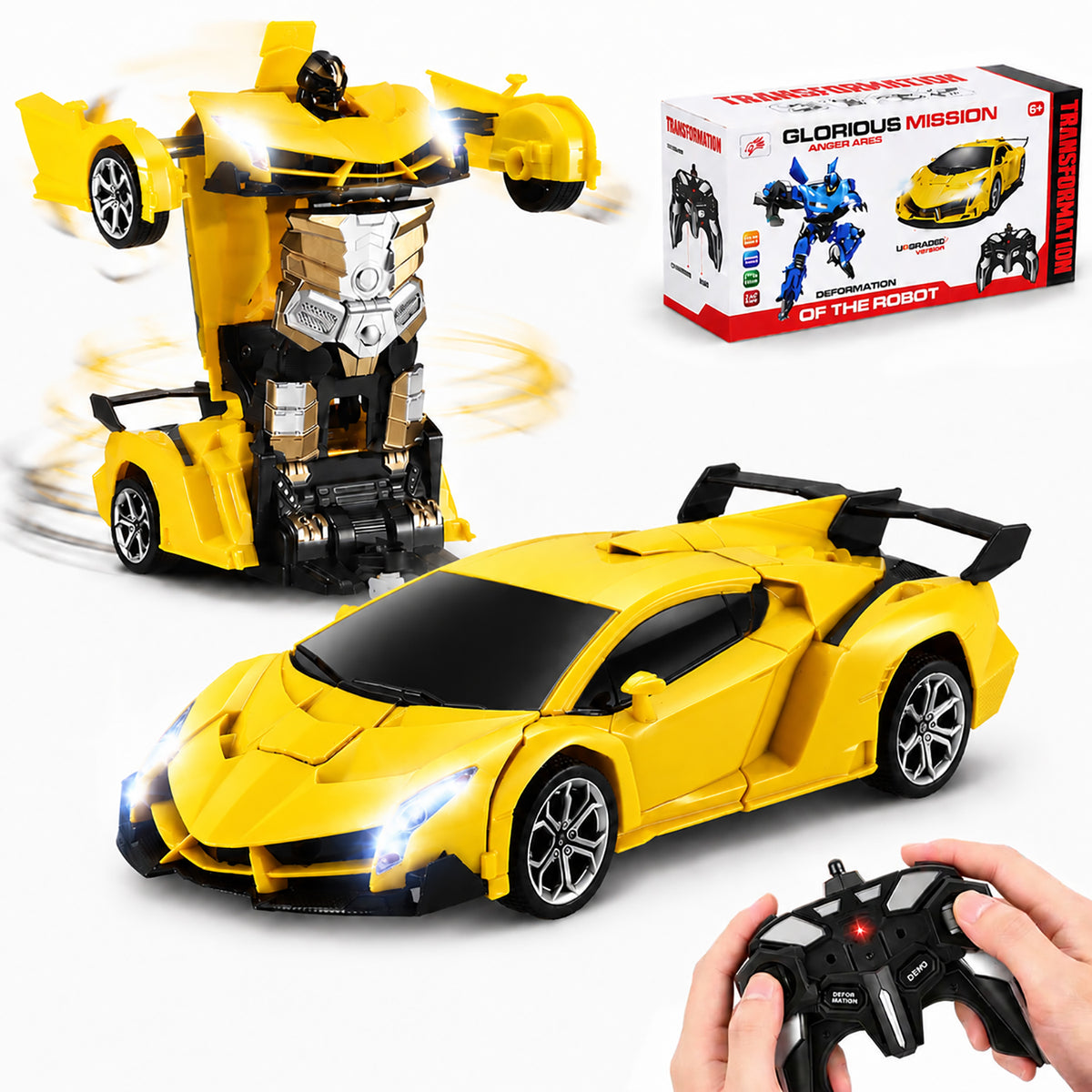 Zacro Transform RC Car Toys, 2.4Ghz 1:18 Scale Remote Control Car Transforming Robot, One-Button Deformation 360 Rotation Drifting Car Transform Toys Gift, Yellow
