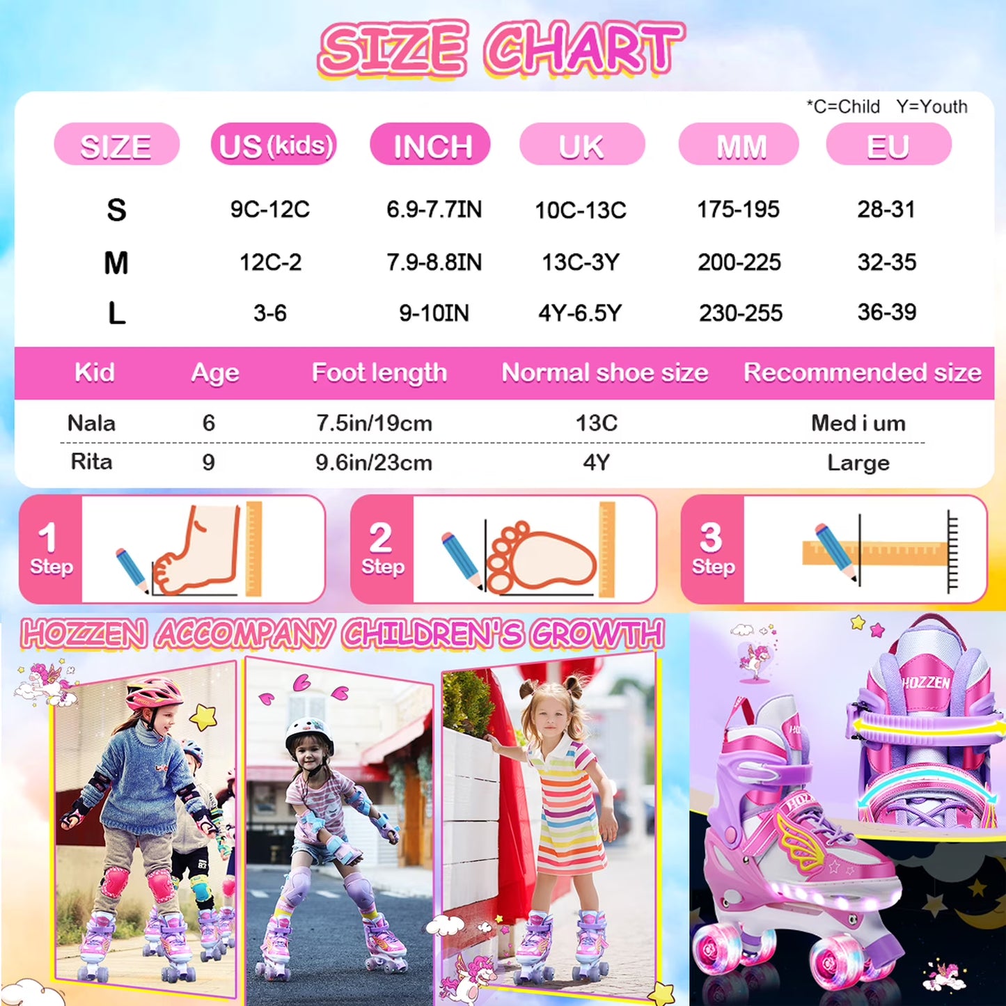 Hozzen Kids Roller Skates for Girls, 4 Sizes Adjustable LED Light Up Girl Roller Skates for Toddlers, Unicorn Pink Shiny Illuminating Wheels Skates, Size M (12C-2Y)