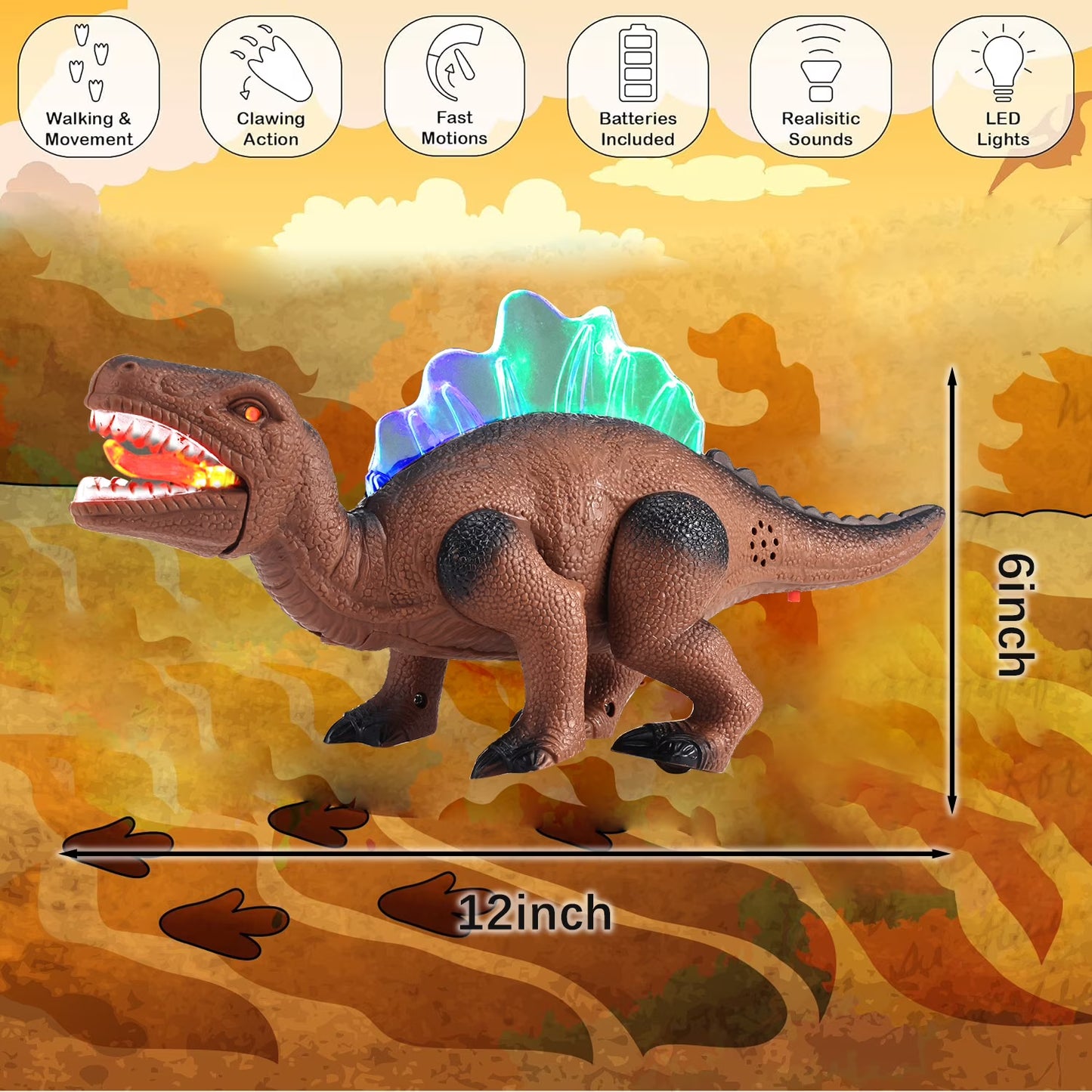 Light-up Walking Dinosaur Toy for Kids, 12 inches Electronic Dinosaur with Roaring Sound Robot Dinosaur Gift for Boys & Girls 3 4 5 6 7 Years - Brwon
