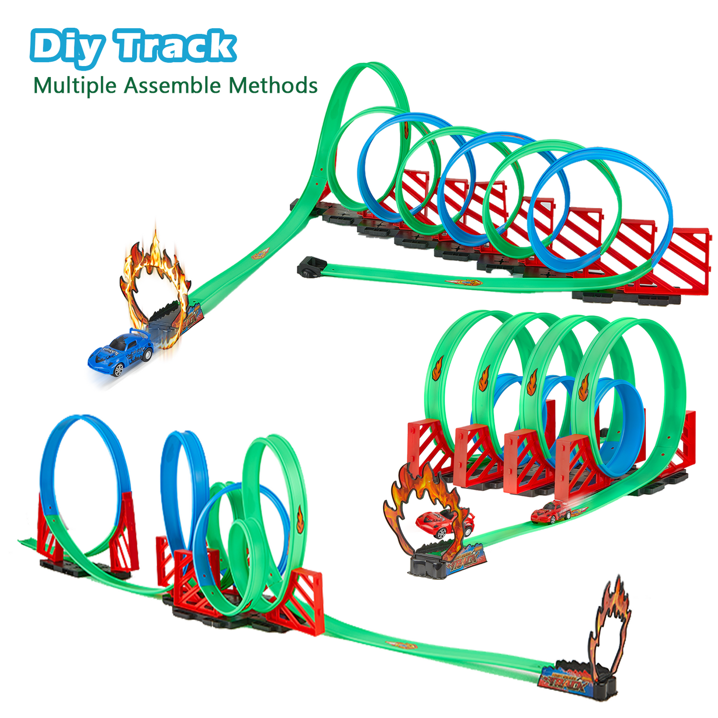 Anpro Car Race Track Set for Kids, 360° Loop Raceway Race Track Set with 2 Pull-Back Cars, Best Track Toys Gifts for 3+ Years Toddler Boys Girls, Green