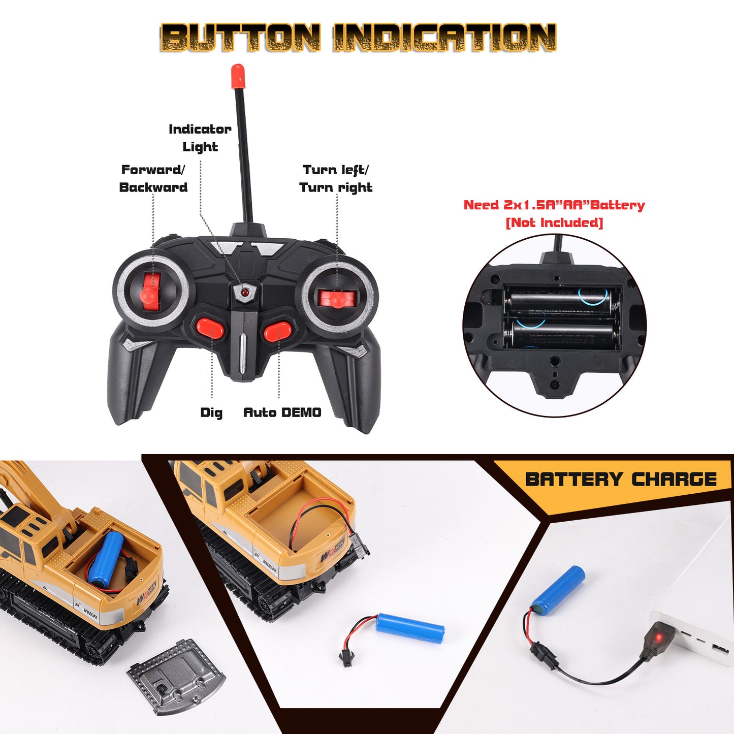 Lictin Remote Control Excavator for Kids, 6 Channel RC Excavator Truck Construction Vehicle Toys with Metal Shovel, Lights & Sounds, Gifts for Boys Age 3+