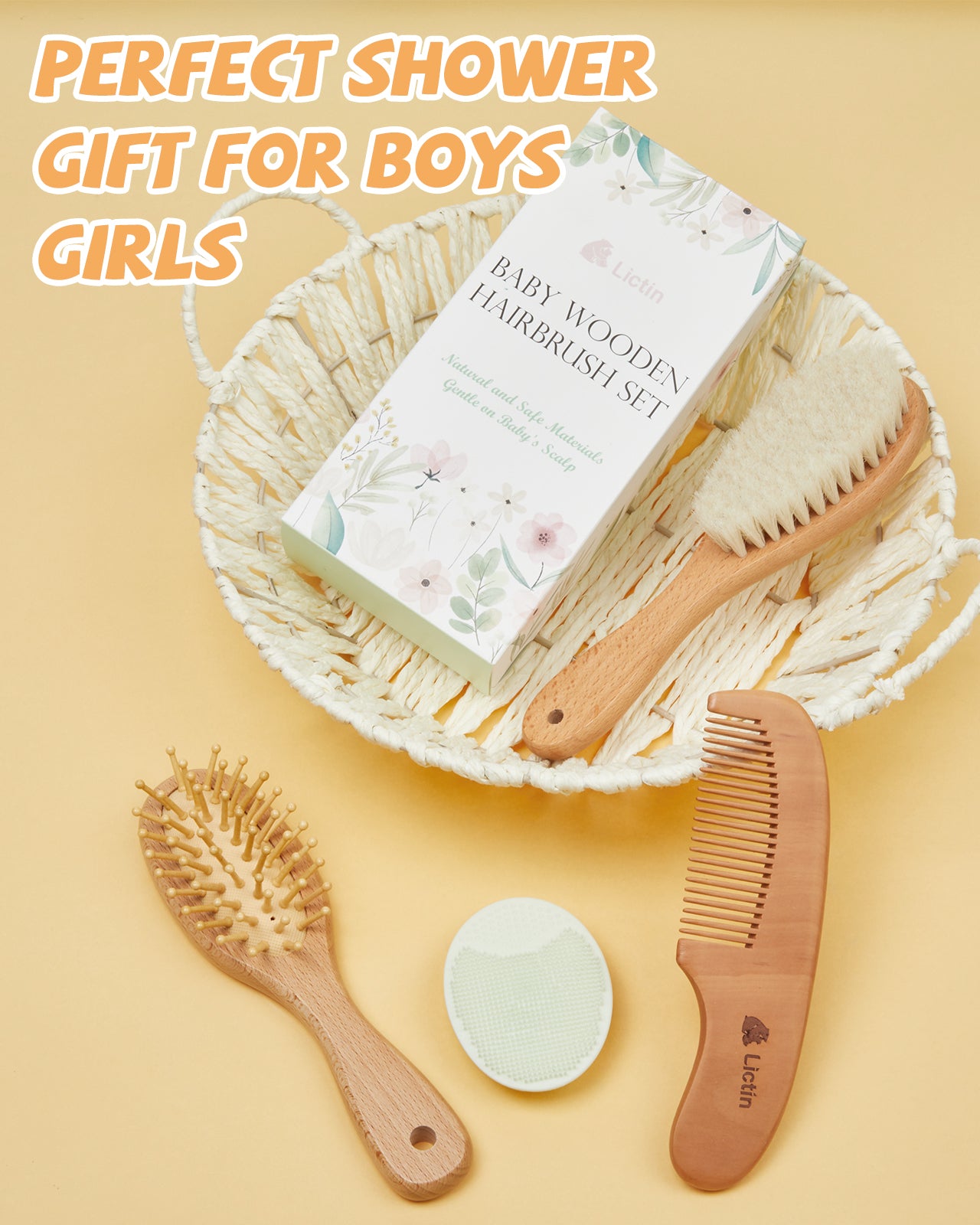 Lictin Baby Hair Brush and Comb Set, 4Pcs Newborn Wooden Hair Brush with Soft Goat Bristles, Baby Cradle Cap Comb Set, Infant Grooming Kit for Baby Shower Gift
