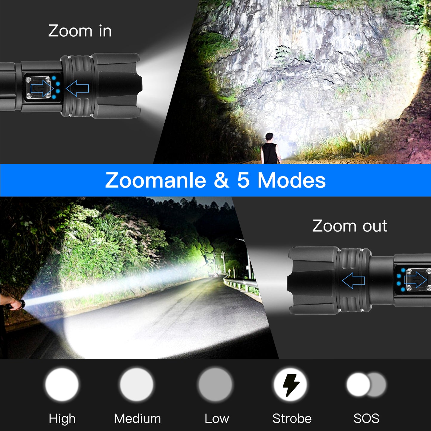 Zacro 1500 High Lumens Rechargeable Flashlight, Super Bright LED Flashlight Waterproof Zoomable Flashlight, 5 Modes for Emergencies, Camping, Outdoor Sport