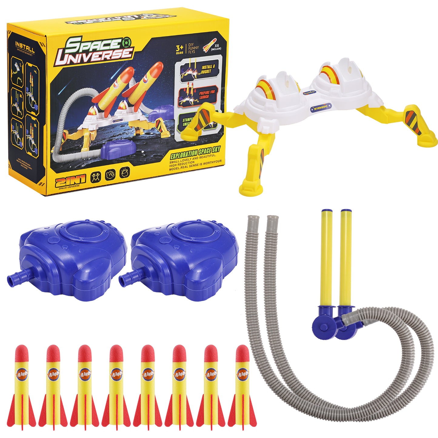 Anpro Toy Rocket Launcher Set for Kids, Rocket Outdoor Toys with 8 Rockets + 2 Launcher Soars 100 ft for Boys or Girls Age 3+ Years Old Christmas Gift, Yellow