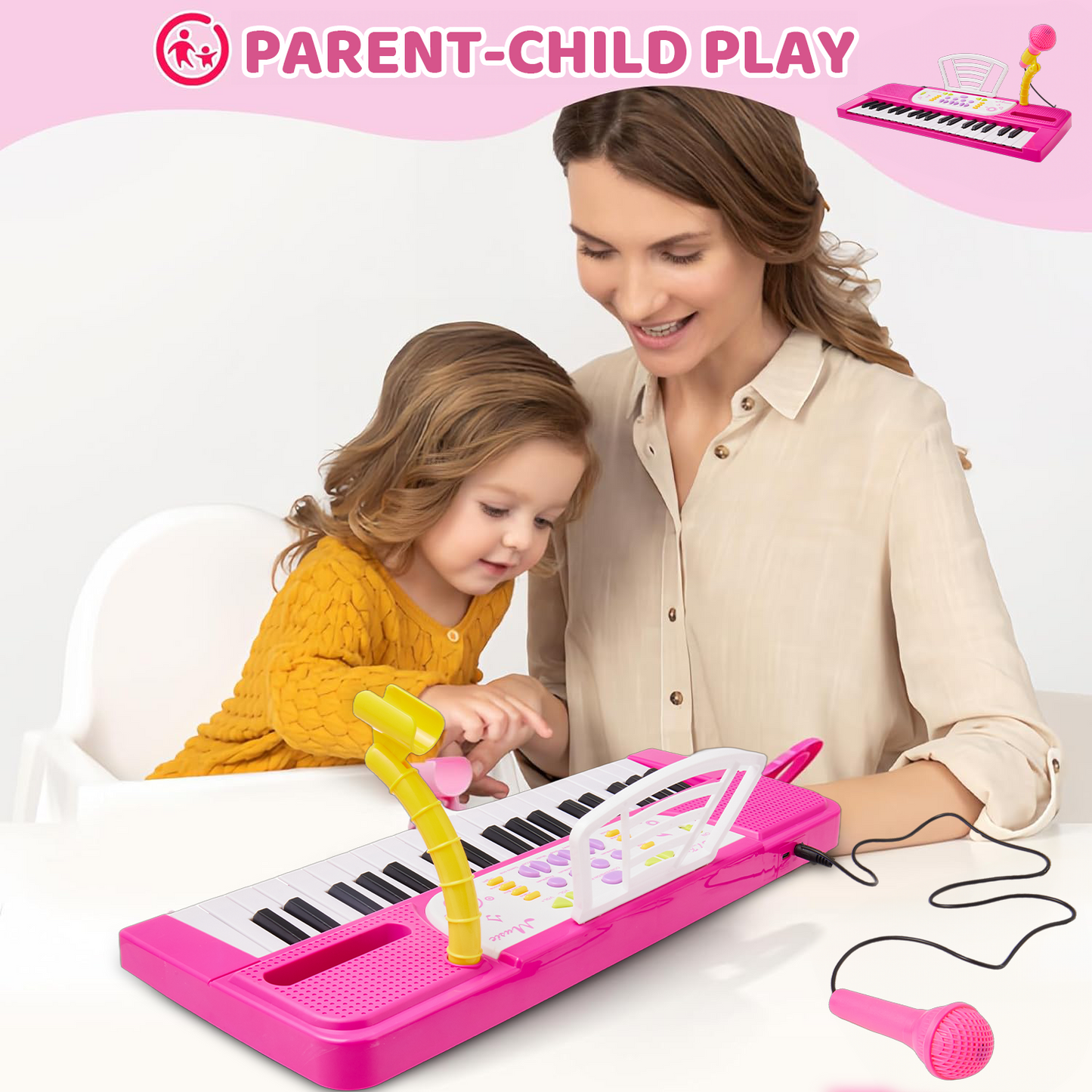 Gleamkid 37-Key Piano Keyboard for Kids, Electronic Piano Music Toy with Stool & Microphone, Musical Instrument Learning Toys Gift for Girls 1 2 3 4 , Pink