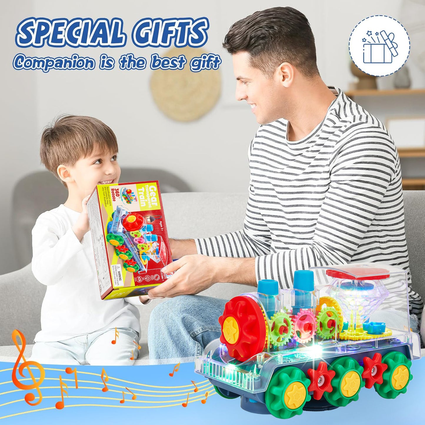 Anpro Gear Train Toy for Kids, Transparent Electric Rotating Mechanical Train Toy with Music, Flashing Light and 360 Rotation, Educational Gear Toy for Boys Girls 3+