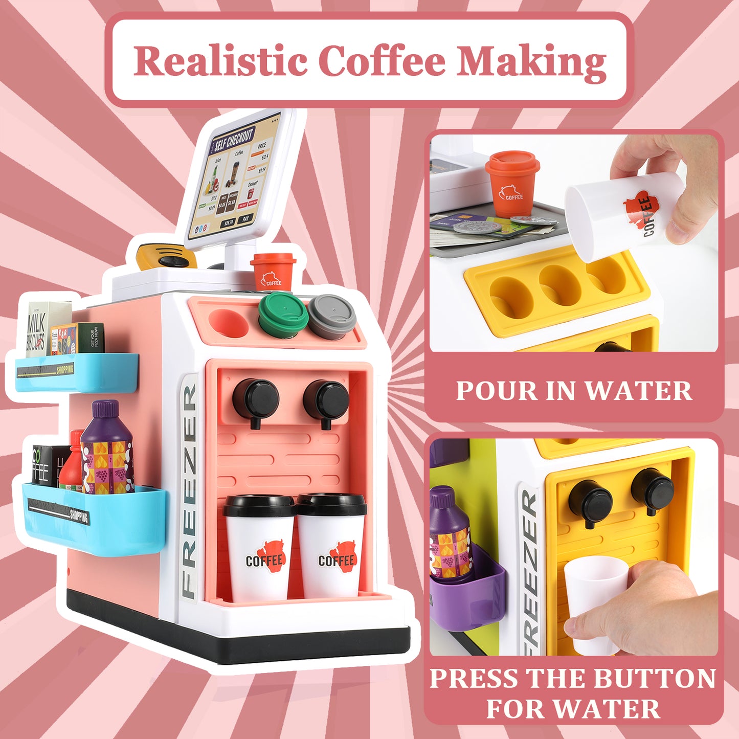 Anpro 47PCS Cash Register Playset for Kids, Pretend Play Cash Register with Calculator, Scanners, Coffee Machine, Credit Cards and Play Food for Boys Girls Age 3+, Pink