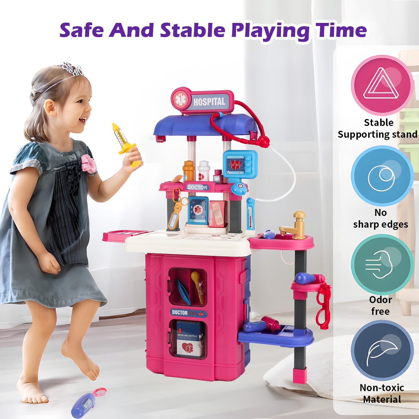 Anpro 38Pcs Toy Doctor Kit for Kids, 28Inch 3 in 1 Role Play Toys Medical Kit with Stethoscope, Pretend Mobile Medical Station with Realistic Light & Sound Effects for Boys Girls Age 3+, Red