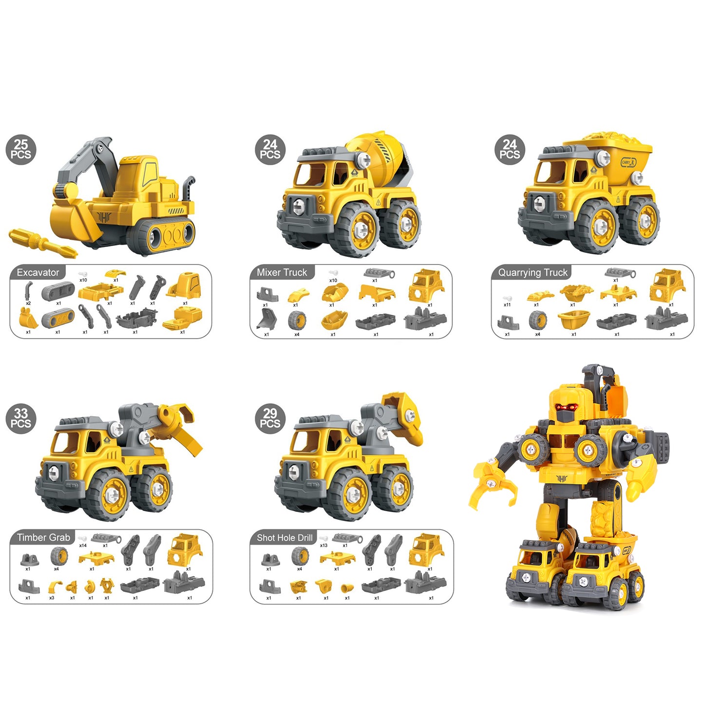 Anpro 5 in 1 Robot Construction Vehicles Set Toy for Toddler, Construction Vehicles Transform Robots Toys with Light for Kids, Assemble Building Trucks DIY Toy for Boys Girl 3+ Year