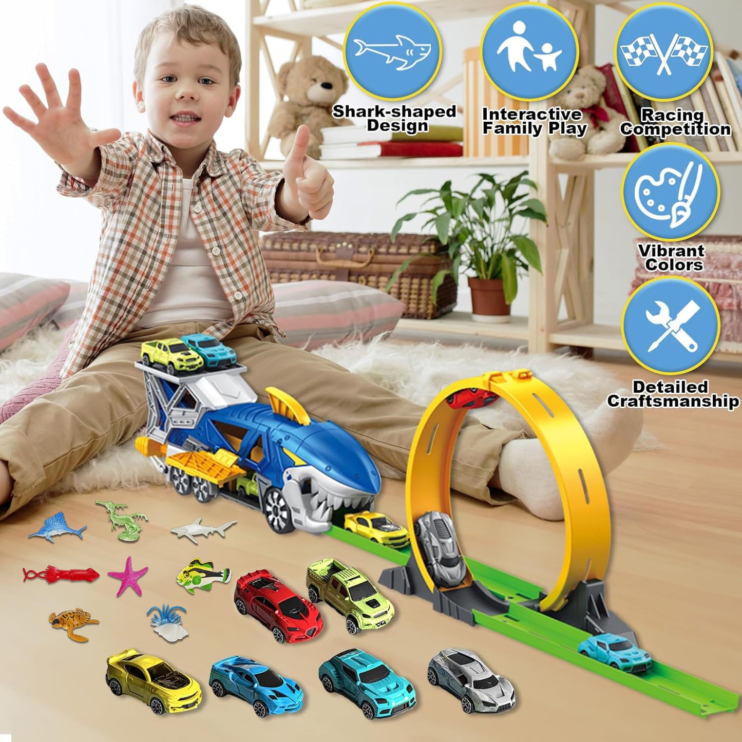 Anpro Shark Carrier Truck Toys for Kids, Transport Trucks Race Track Set with Loop Track, 6 Race Cars, 8 Animal Ornaments, Racing Car Toys Gift for Boy Girl 3+