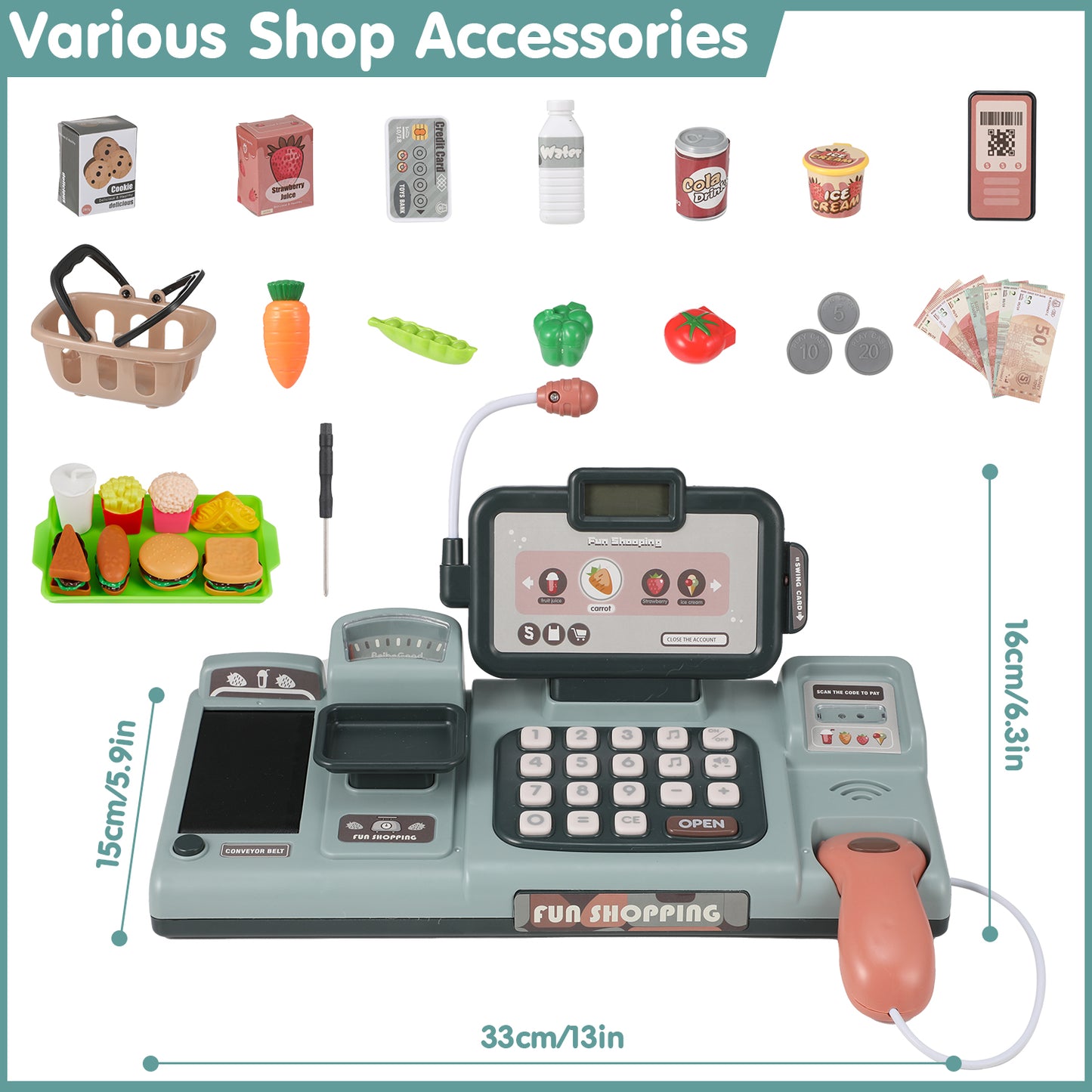 Cash Register for Kids, Anpro Pretend Store Toy Play Set with Sound Scanner, Role Play Shopping Cashier Playset with Sound Food Shopping Basket for Boys Girls 3+ Years, Blue