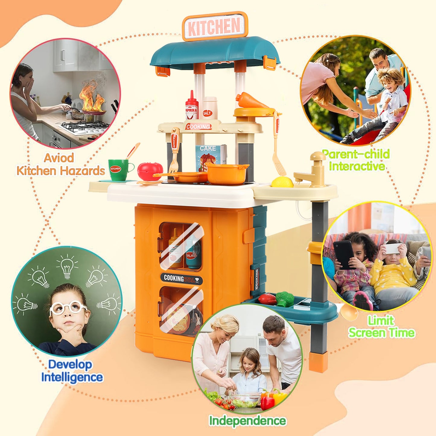 Anpro 28Inch Play Kitchen Set for Kids, 49PCS Pretend Play Kitchen with Sounds & Lights, Toy Kitchen Cooking Set, Best Gifts for Toddlers Age 3+, Yellow