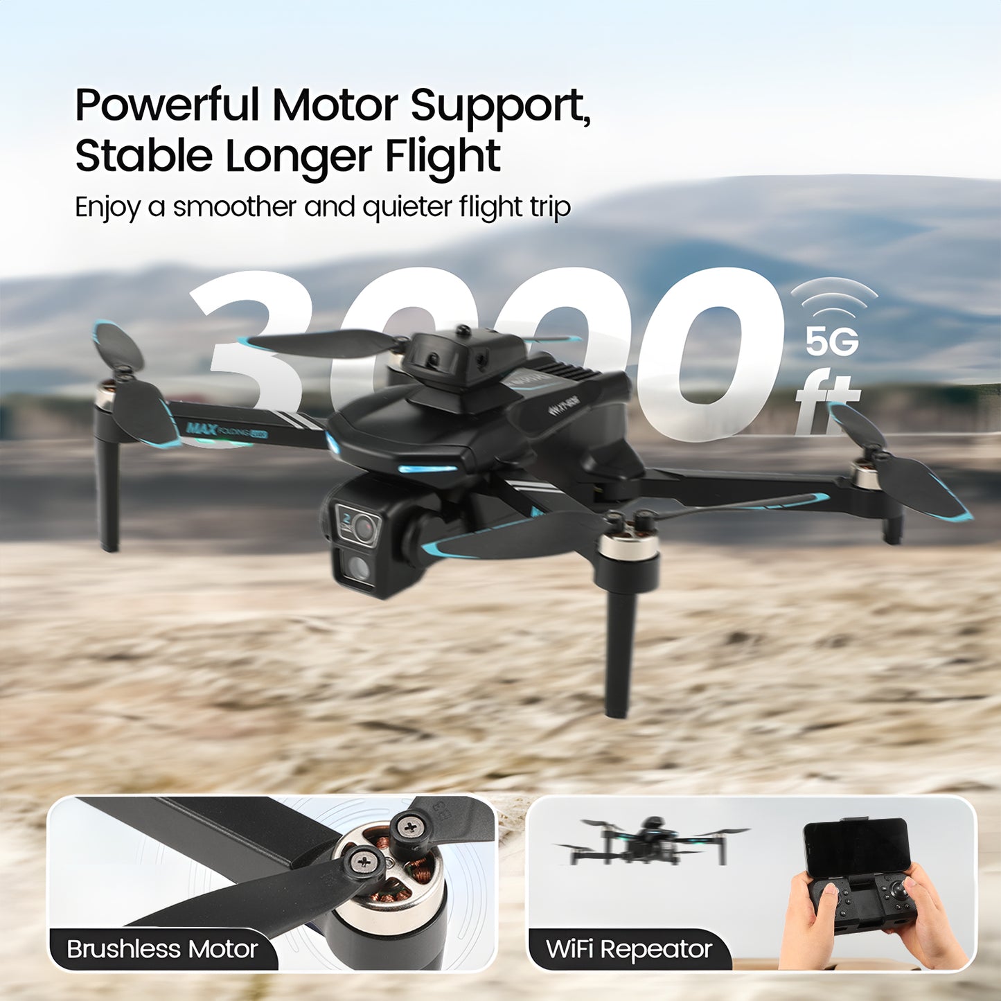 XT606 Drone with 6K UHD Camera, Lictin RC Foldable Drones for Kids Adults Beginners, RC Quadcopter Drone with Brushless Motor, Headless Mode, Optical Flow Position, 2 Batteries, Black