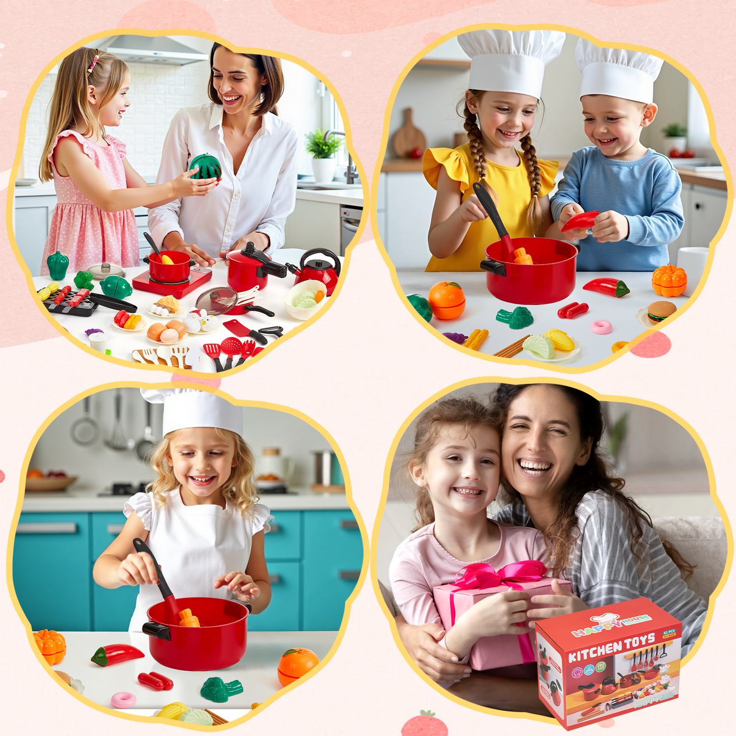 Zacro 61PCS Play Kitchen Accessories, Pretend Play Cooking Toy Set for Kids, Cutting Toy Food with Pans, Pot and Utensils, Preschool Learning Education Toys Gifts for Toddlers Girls Boys