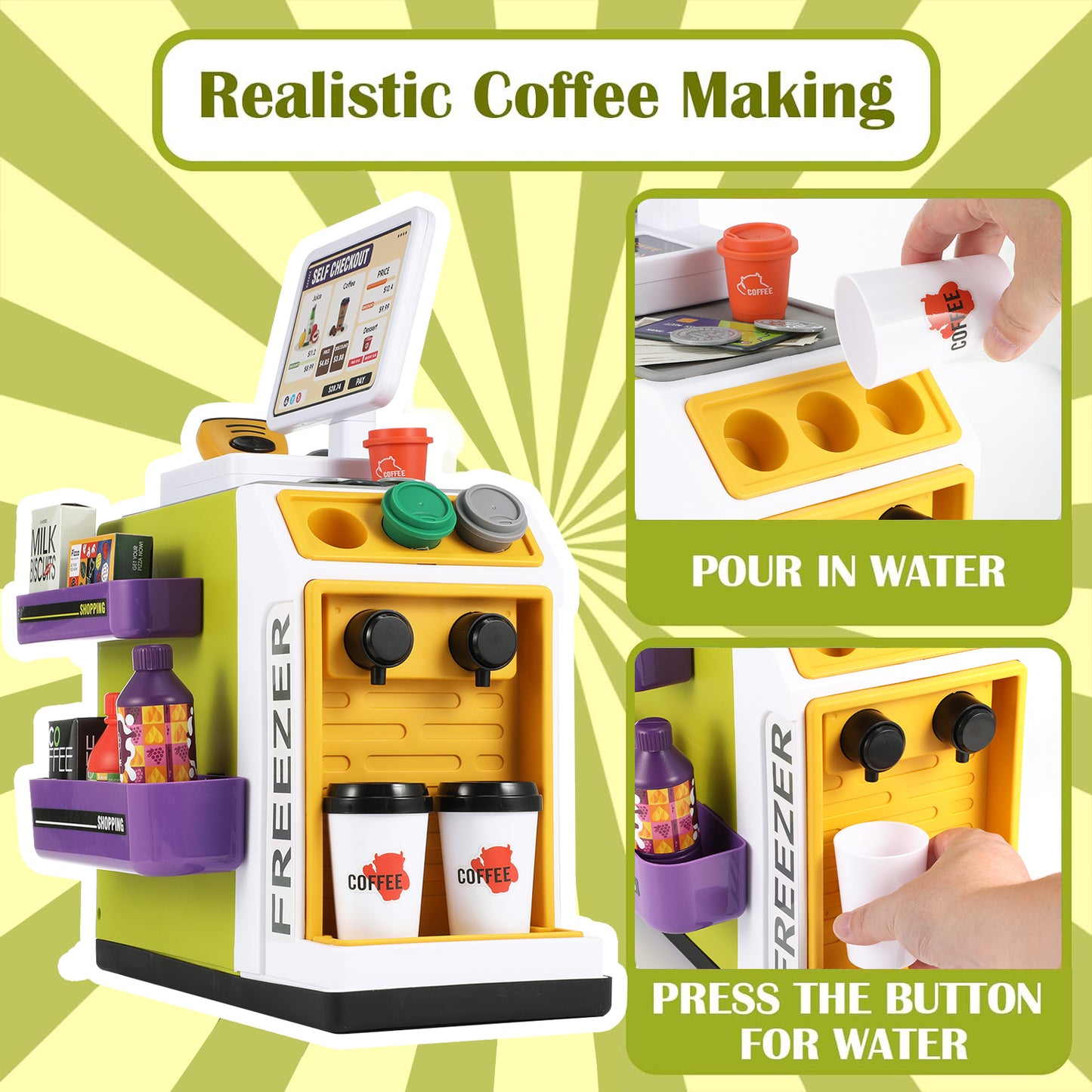 Anpro 47PCS Cash Register Playset for Kids, Pretend Play Cash Register with Calculator, Scanners, Coffee Machine, Credit Cards and Play Food for Boys Girls Age 3+, Green