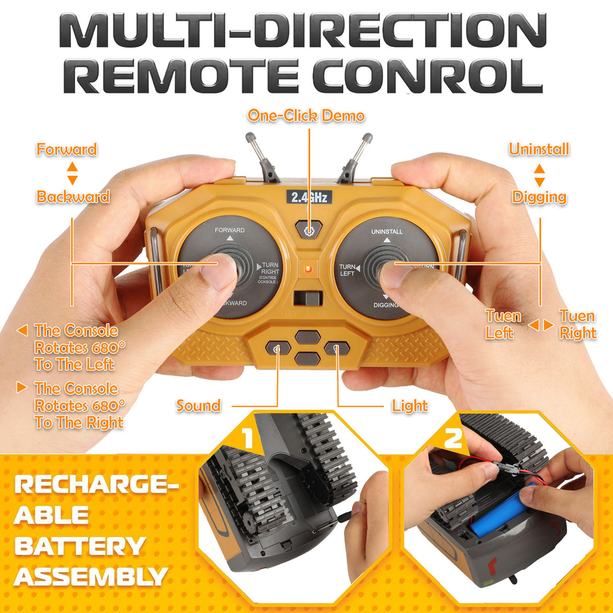 Remote Control Excavator for Kids, Rechargeable 11 Channel RC Construction Vehicle with Metal Shovel,Lights and Sounds, RC Excavator Toys for 3-12 Years Boys Girls