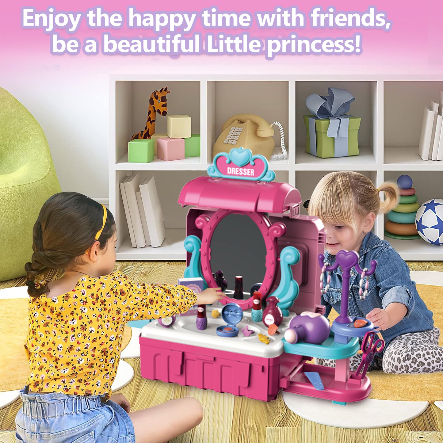 38PCS Toddler Makeup Vanity Set, Anpro 29Inch Princess Girls Vanity Table Set Toy with Light & Music and Accessories & Hair Dryer for Kids Toddlers Girl 3-5 Years, Pink