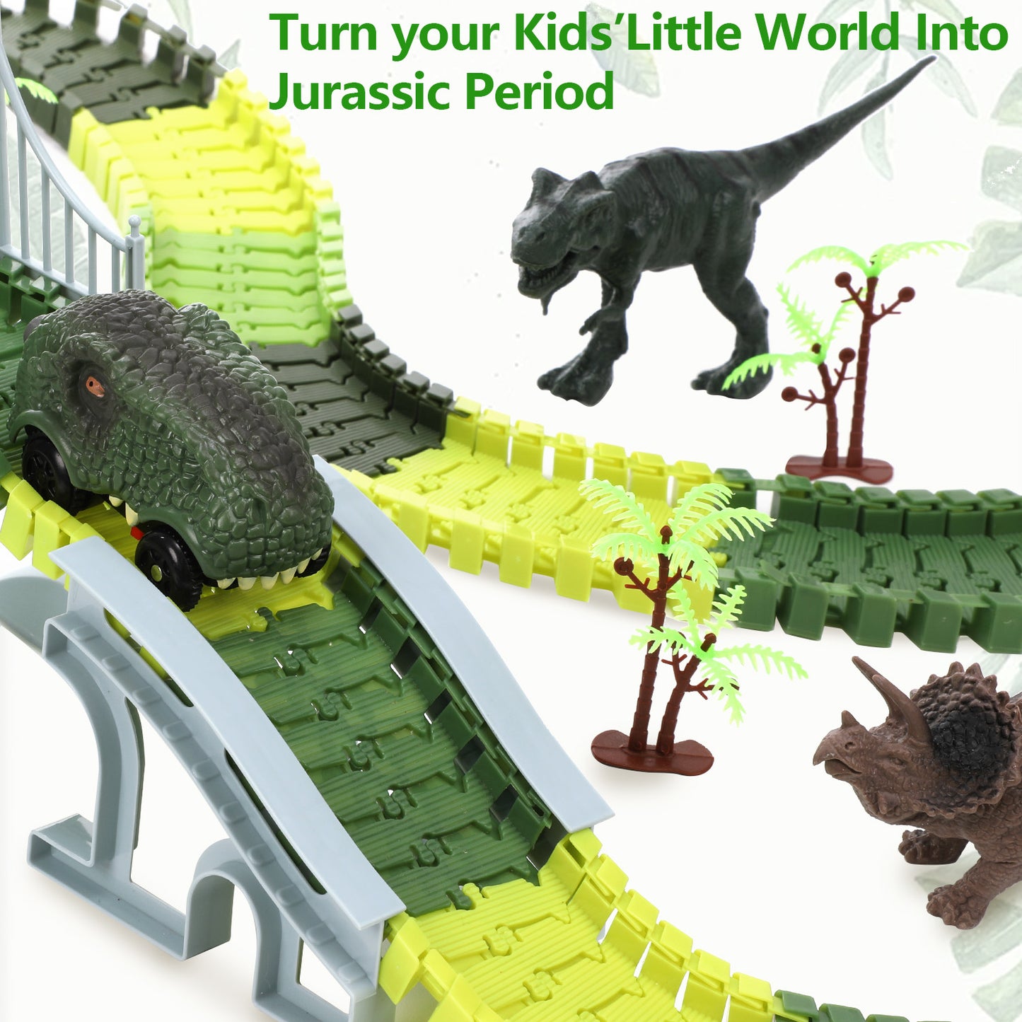 Anpro 193PCS Dinosaur Toys Race Car Track Set with Dino Car, Dinosaur World Flexible Track Playset with Map for Toddlers Boys Girls Age 3+