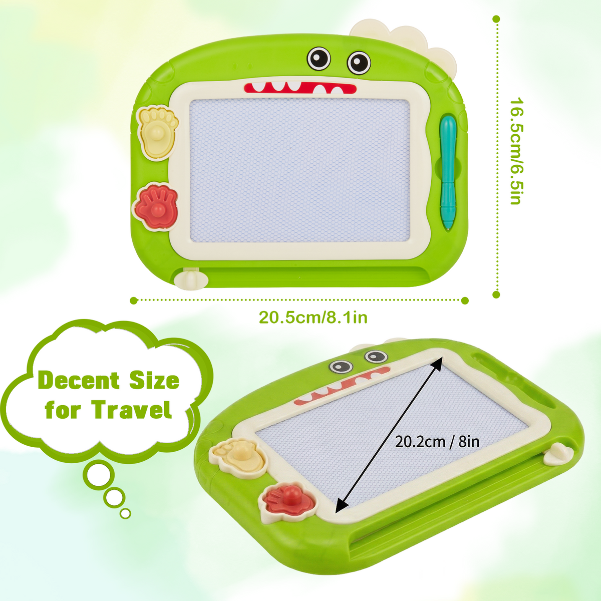 Magnetic Drawing Board for Kids, 8.1 Inch Green Dinosaur Doodle Board for Toddlers, Educational Learning Toys for Toddlers 1-3, Green