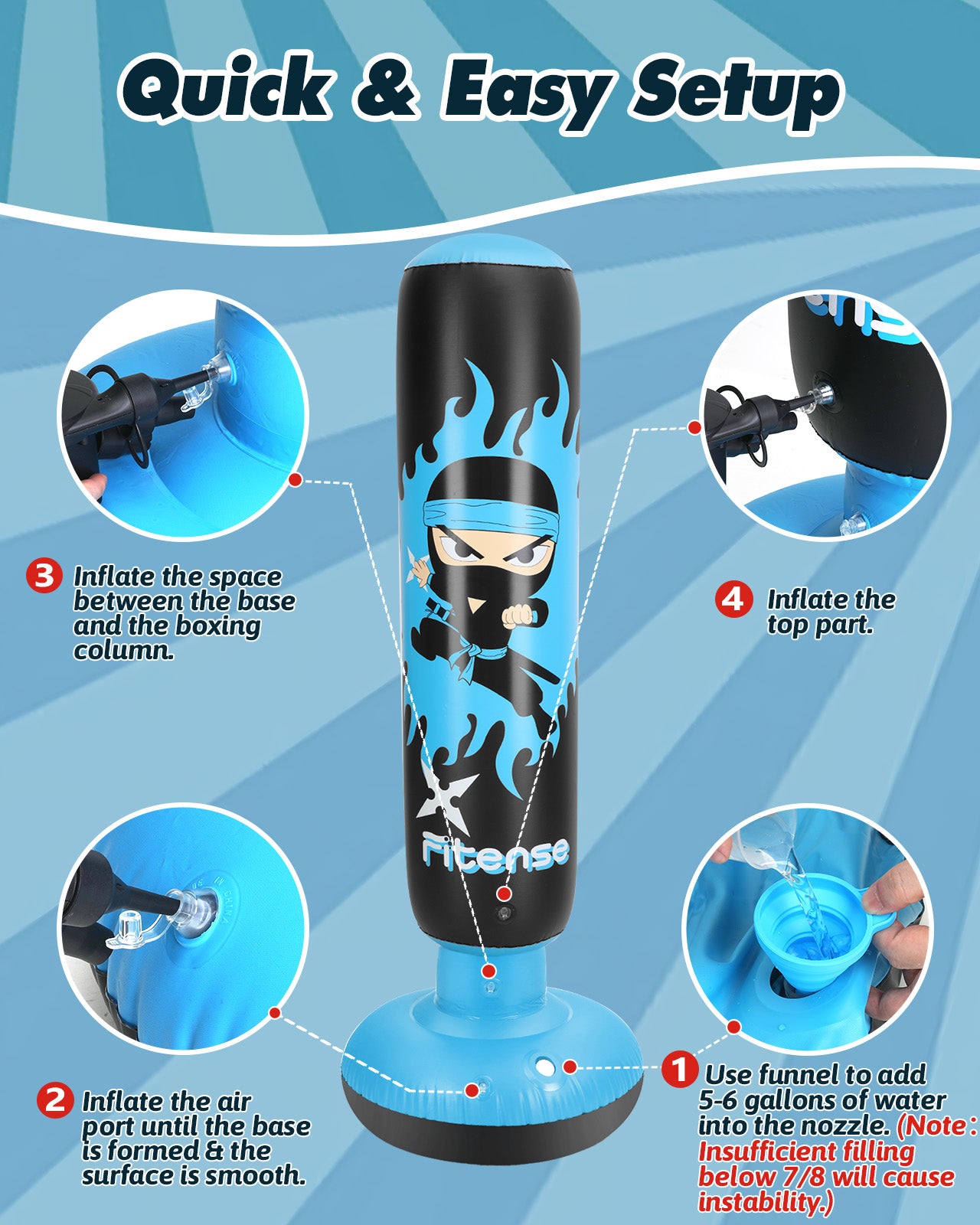 Punching Bag for Kids, Lictin 63 Inch Inflatable Boxing Bag with Gloves, Funnel & Pump, Boxing Toy & Gifts for for 3-6 Boys & Girls, Kids Boxing Set for Practicing Karate, Taekwondo, Blue