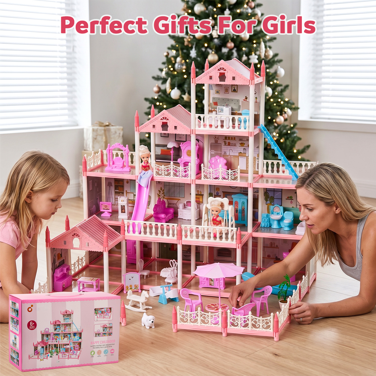 Dollhouse for Kids, 14 Rooms Doll House with Warm Light, DIY Playhouse with Furniture, Light Strip & Slide, Kids Doll House for Girls Ages 3-12, Pink