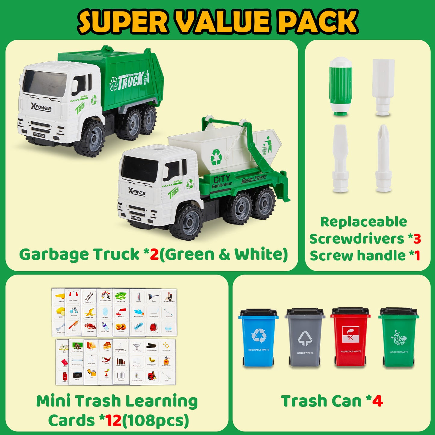 Gleamkid Garbage Truck Toys, Friction Powered Trash Truck Toy with 2 Interchangeable carriages, 4 Trash Bins, Educational Trash Truck Toy Vehicle for Boys Girls