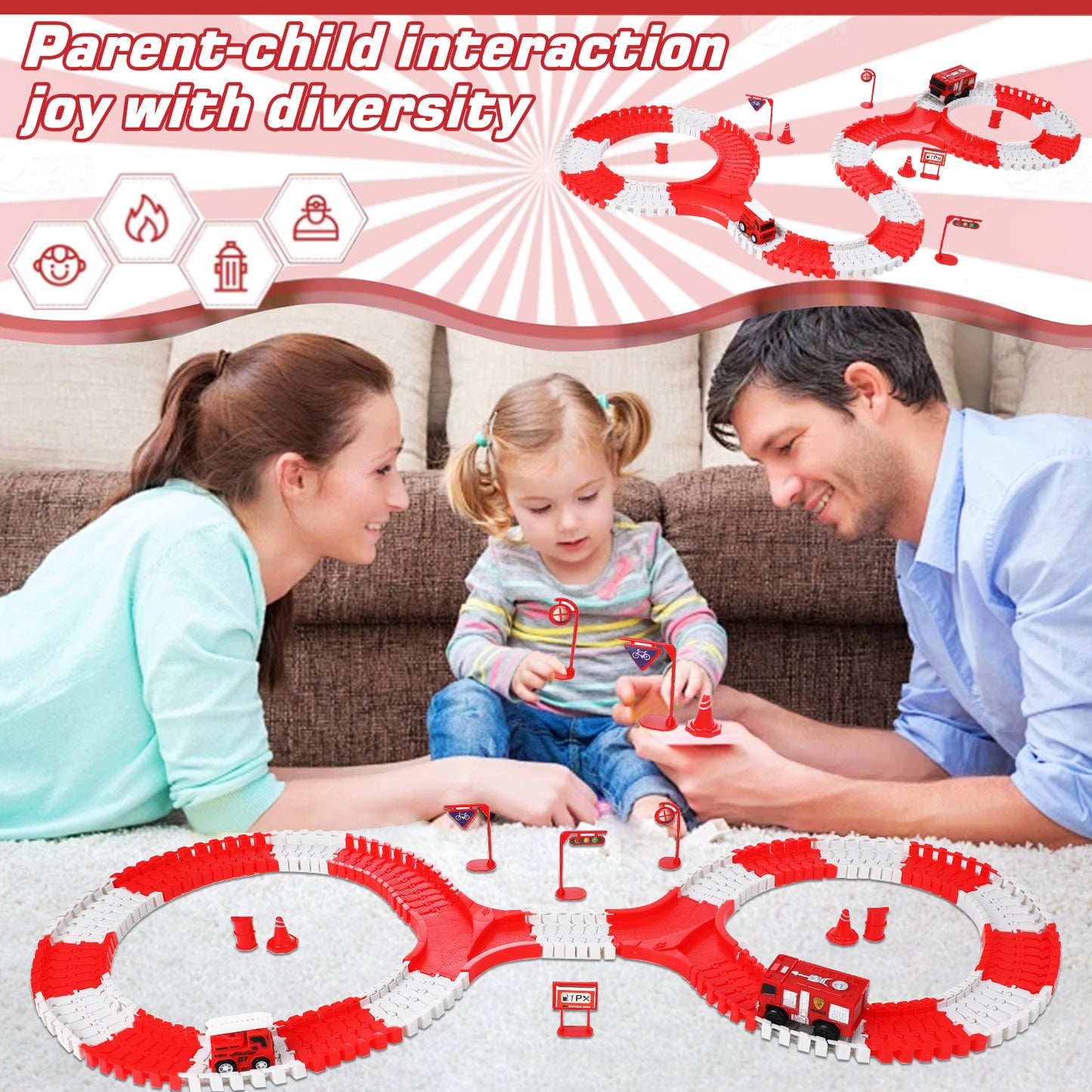 Anpro 152PCS Toy Race Car Track Set for Kids, Flexible Track Playset with 2 Fire Rescue Car for Age 3+ Boys Girls - Firefighting Theme, Red